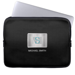 Teal- und Grau-Monogramm, weißer Name, Silber, Sch Laptopschutzhülle