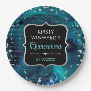 Teal- und Iris-Glitter-Buchstaben Quinceanera Pappteller