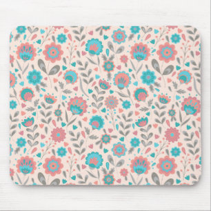 Teal- und Korallen-Volkskunst-Blumenmuster Mousepad