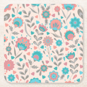Teal- und Korallen-Volkskunst-Blumenmuster Rechteckiger Pappuntersetzer