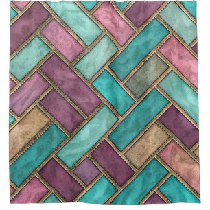 Teal- und Mauve-Fischgrätenkachel-Muster - Ziegel Duschvorhang