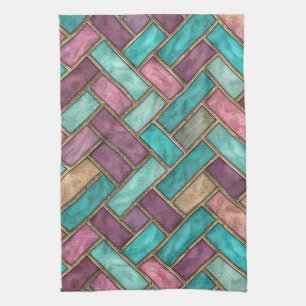 Teal- und Mauve-Fischgrätenkachel-Muster - Ziegel Geschirrtuch