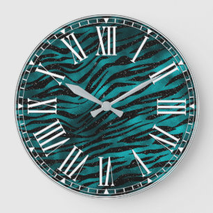 Teal- und schwarze Ombre-Glam-Glitter-Tigerstreife Große Wanduhr