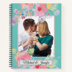 Teal- und Shabby-Chic-Blumen-Foto für Paare Notizbuch