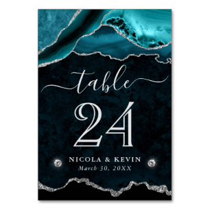 Teal- und Silber-Faux-Glitter-Achat-Hochzeit Tischnummer