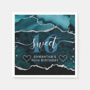 Teal- und Silber-Glitter-Achat-Marmor Süße 16 Serviette