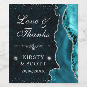 Teal- und Silber-Glitter-Achat- und Marmor-Hochzei Weinetikett