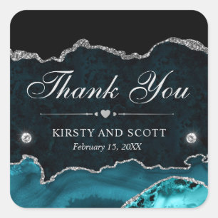 Teal- und Silber-Glitter-Marmor-Hochzeit Quadratischer Aufkleber