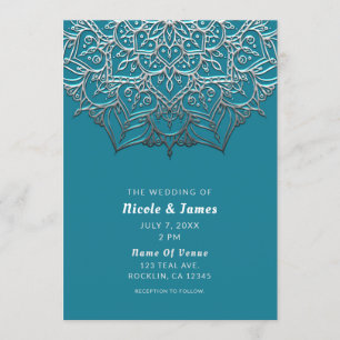 Teal- und Silber-Mandala Elegante Minimal-Hochzeit Einladung