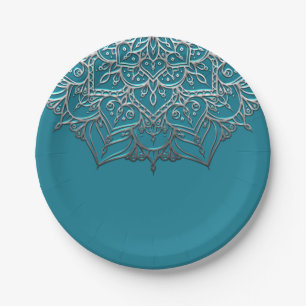 Teal- und Silber-Mandala Elegante Minimal-Hochzeit Pappteller
