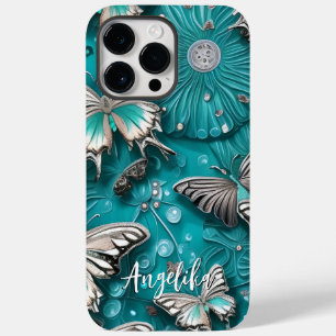 Teal- und silberner floraler Schmetterling mit ind Case-Mate iPhone 14 Pro Max Hülle