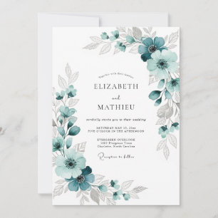 Teal Üppige Florale Romantische Hochzeit Einladung