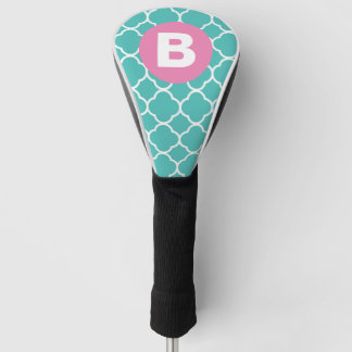 Teal-Vierblattmuster mit individuellem rosa Monogr Golf Headcover