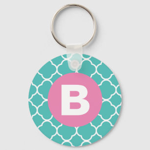 Teal-Vierblattmuster mit individuellem rosa Monogr Schlüsselanhänger