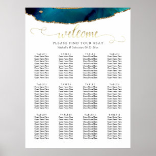 Teal-Wasserfarbe-Gold-Achat-Hochzeits-Sitzplan Poster