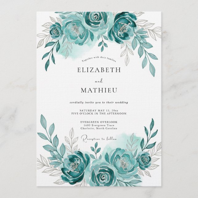 Teal Watercolor Bloom Romance Wedding Einladung (Vorderseite)