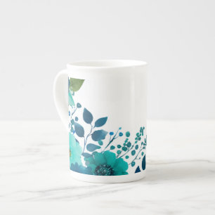 Teal-Watercolor-Blumen-Bone-China-Tasse -  Prozellantasse