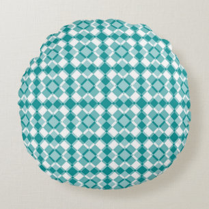 Teal Weiß Karo Argyle-Muster Rundes Kissen