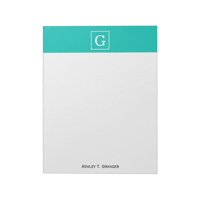 Teal White Framed Initial Monogram Notizblock (Rotiert)