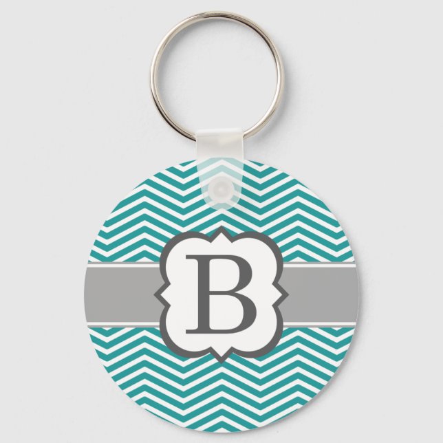 Teal White Monogram Letter B Chevron Schlüsselanhänger (Vorderseite)