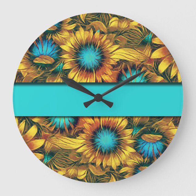 Teal With Colorful Sunflower Große Wanduhr (Vorderseite)