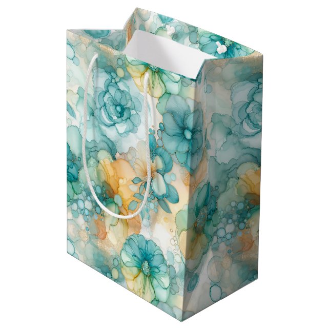 Teal Yellow Floral Alcohol Ink Style Wine, Small, Mittlere Geschenktüte (Rückseite Schrägansicht)