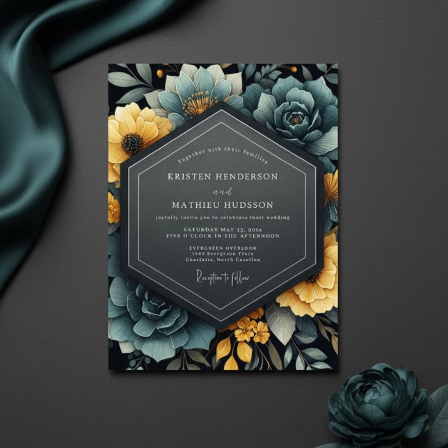 Teal Yellow Floral Bloom Wedding Einladung (Von Creator hochgeladen)