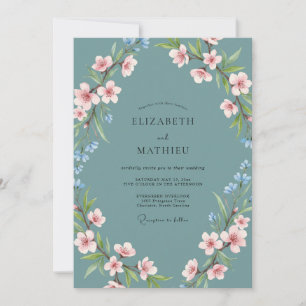 Tealblaue elegante Blütenhochzeit Einladung