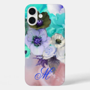 TEALBLAUE ROSEN UND WEISSE ANEMONENBLUMEN MONOGRAM iPhone 16 PLUS HÜLLE