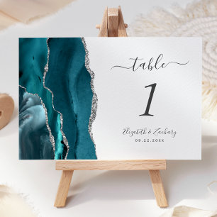 Tealblaue Silber-Achat-Hochzeit Tischnummer