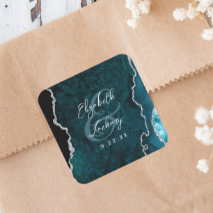 Tealblaue Silber-Achat-Schrift Hochzeit Quadratischer Aufkleber
