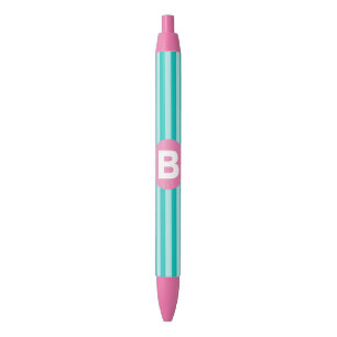 Tealblaue vertikale gestreifte rosa Kreis-Monogram Kugelschreiber