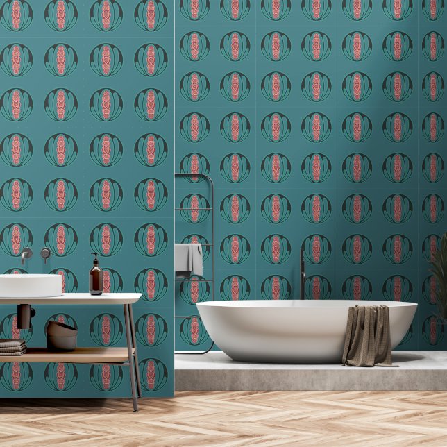 Teale und rosa Jugendstil Tapete (Badezimmer)