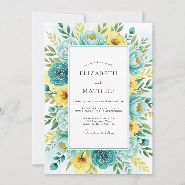 Tealgelbe Blumengrüße Hochzeit Einladung (Vorderseite)