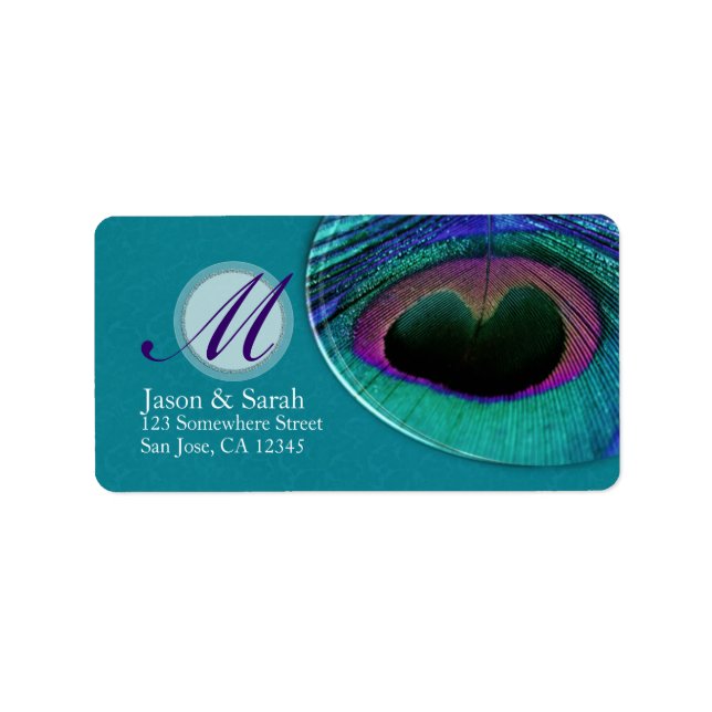 TealPurple Peacock Étiquette de adresse Monogramme (Devant)
