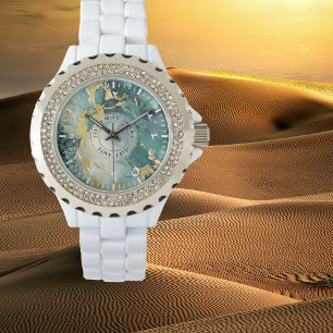 Tealuhr mit Goldmarmor und Strasssteinen – weißes  Armbanduhr