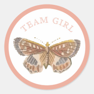 Team Baby Girl Pink Butterfly Gender Reveal Runder Aufkleber