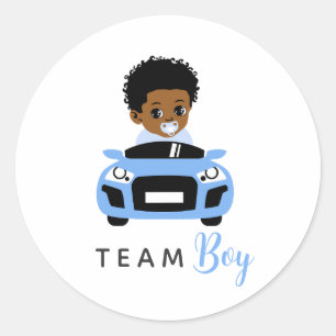 Team Boy Baby in Blauem Auto Geschlechtsenthüllung Runder Aufkleber