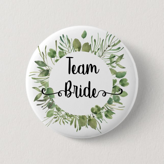 Team Braut Wasserfarbe Botanischer Blattkranz Button (Vorderseite)
