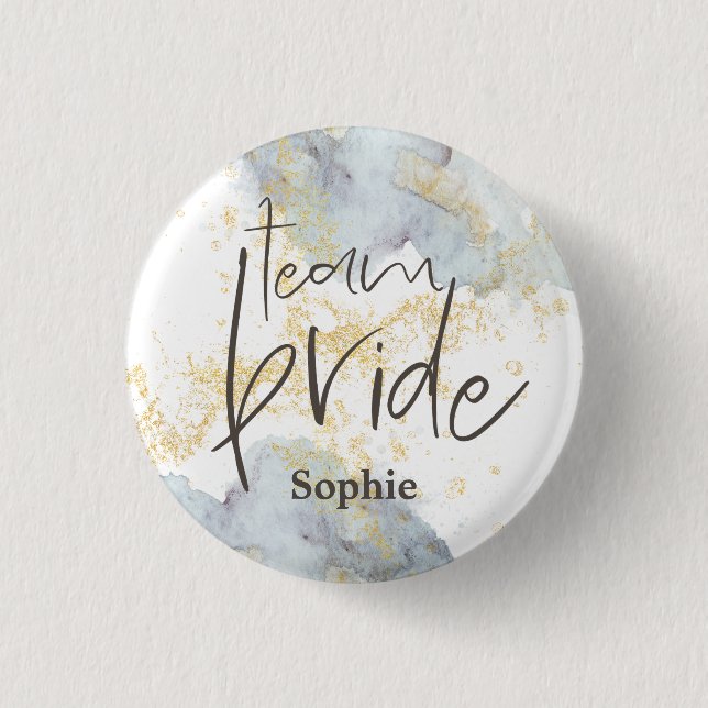 Team Bride Blue Ombre Wasserfarben Gold Name Button (Vorderseite)