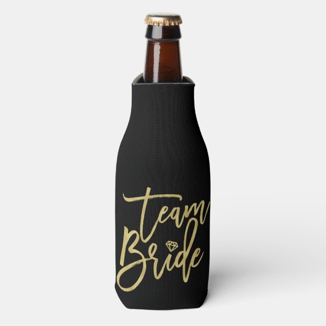 Team Bride Gold Brush Diamond Brautparty Cooler Flaschenkühler (Flaschenvorderseite)