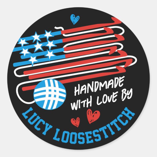 Team Crochet hackt Ball aus Garn patriotische US-F Runder Aufkleber (Vorderseite)