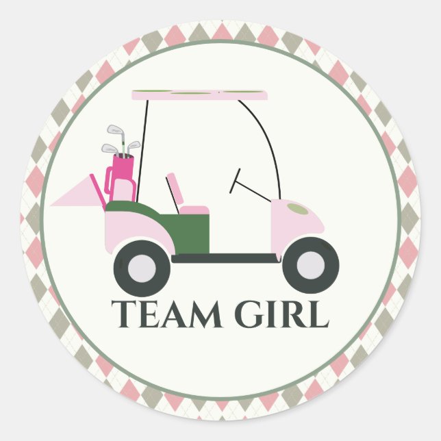 Team Girl Modern Golf Baby Gender Reveal Par-tee Runder Aufkleber (Vorderseite)