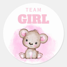 Team Girl Pink Bear Gender Reveal Runder Aufkleber