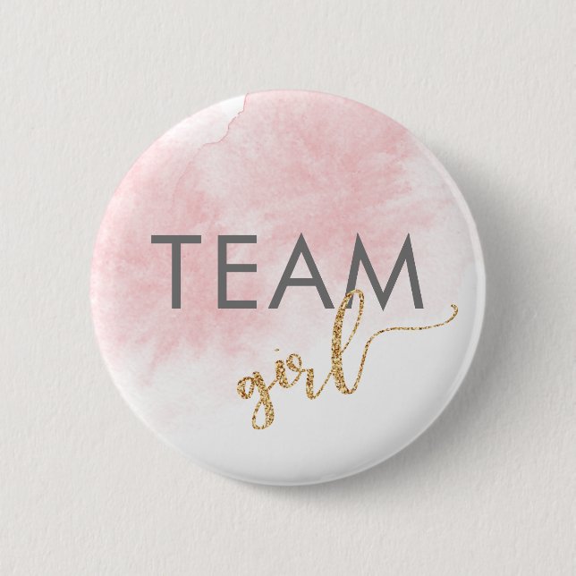 Team Girl Pink Watercolor Glitzer Gender-Übersicht Button (Vorderseite)