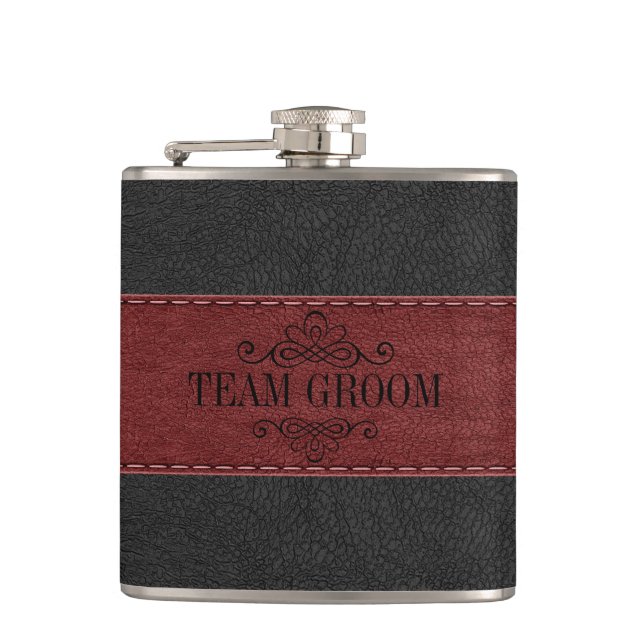 Team Groom Black & Red Leather Flachmann (Vorderseite)