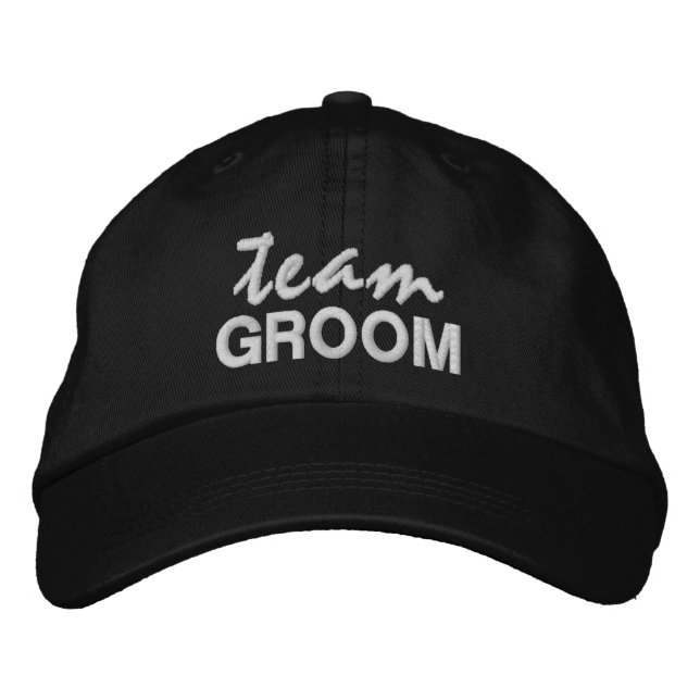 Team GROOM lustiges neues Black Script-Brautparty Bestickte Baseballkappe (Vorderseite)