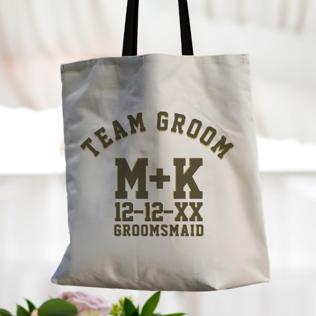Team Groom Sporty Groomsmaid Wedding Tote Bag Tragetasche (Add your wedding date & initials to this Team Groom Sporty tote bag. Perfect proposal gift for her!)