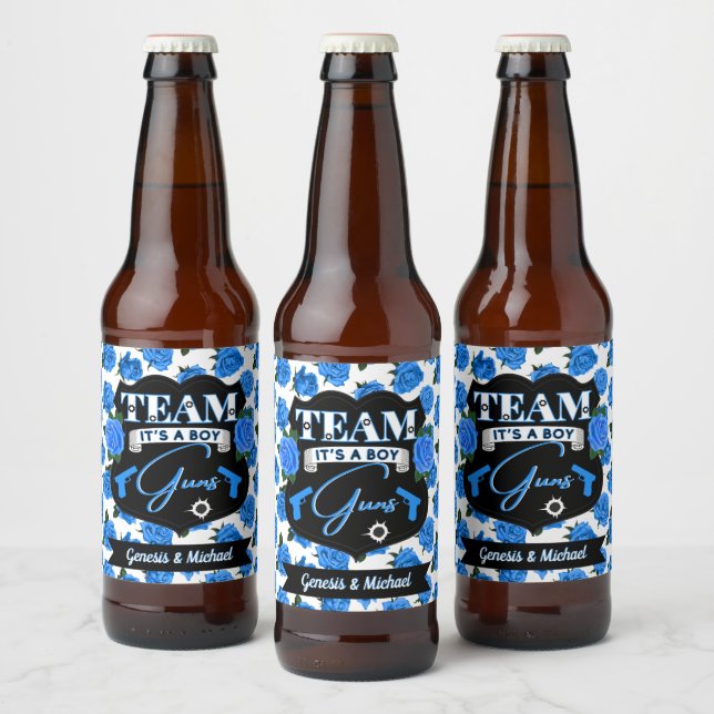 Team-GUNS, Waffen oder Rose Gender Reveal Blue Bierflaschenetikett (Flaschen)