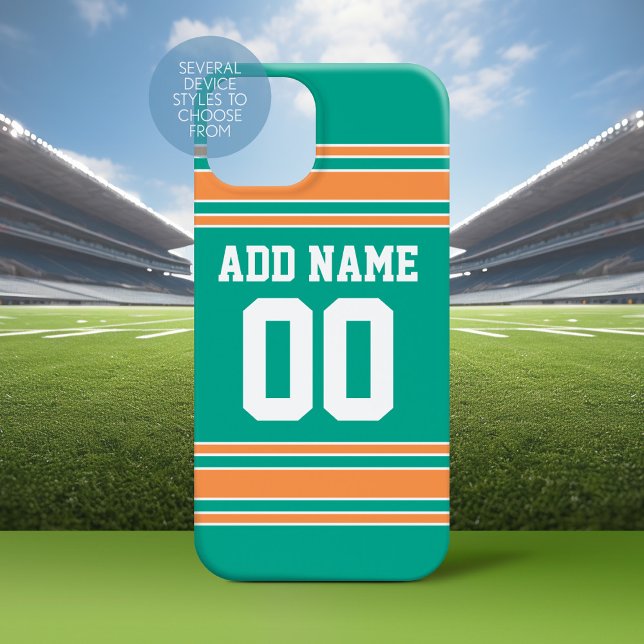 Team Jersey Orange Individuelle Name und Nummer iPhone 15 Hülle (Personalized Phone Case with a Football Jersey Stripe Design)